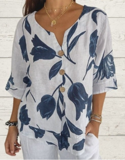 Printed Linen-Cotton V-Neck Pullover Shirt