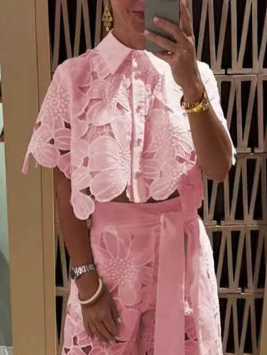 Exquisite floral embroidery sexy hollow suit