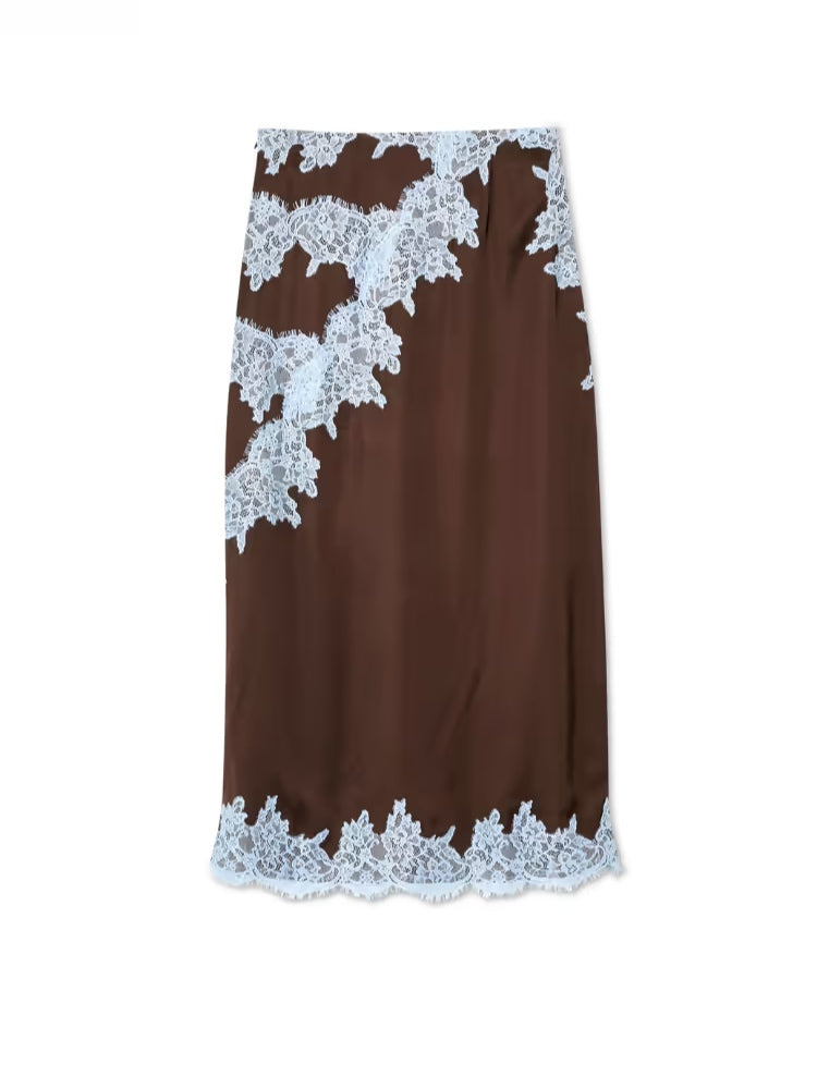 Elegant Brown and Blue Lace Panel Top + Skirt Suit Set