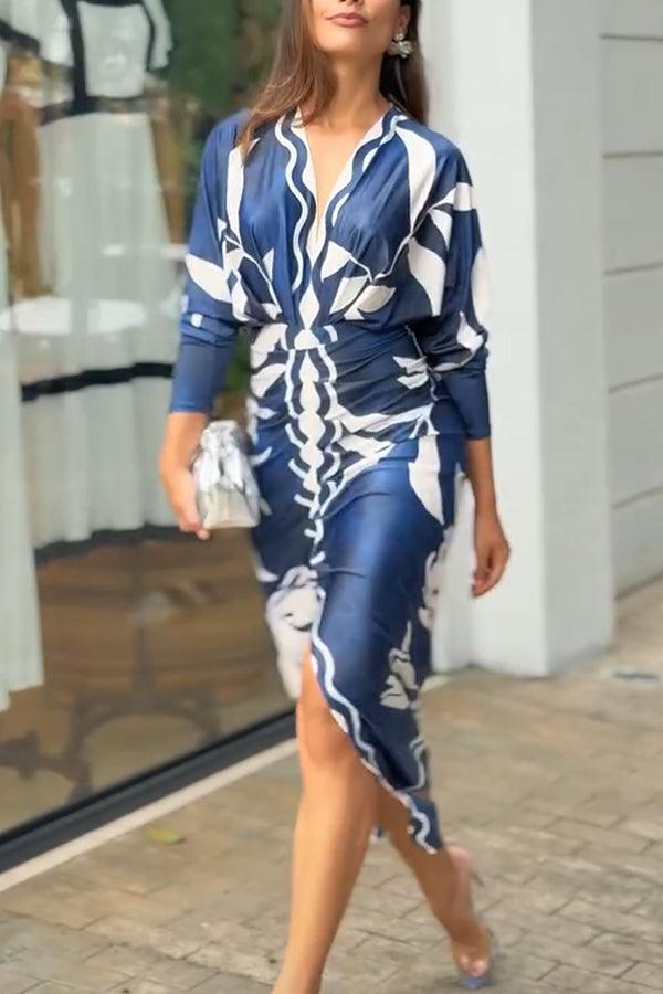 Unique Print Dolman Long Sleeve Ruched Slit Midi Dress