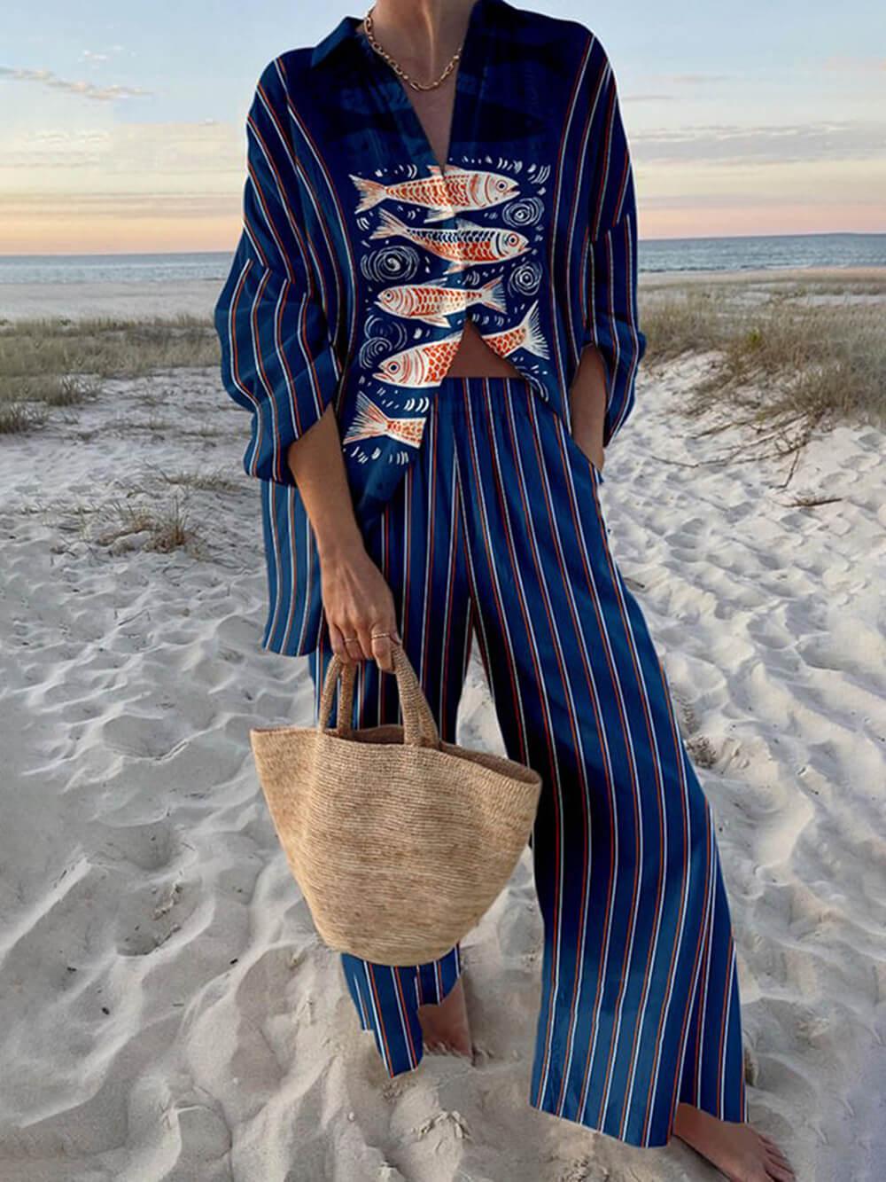 Ocean Print Oversized Shirt and Elastic Waist Pocket Pants Set