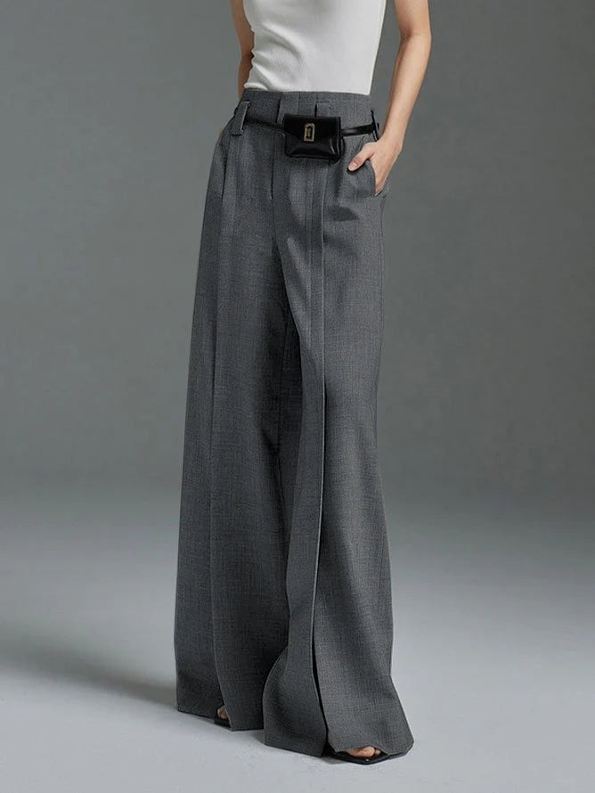 Loose wide-leg high-waisted front slit trousers