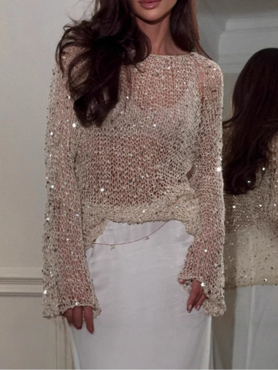 Sequined knitted hollow long-sleeved top