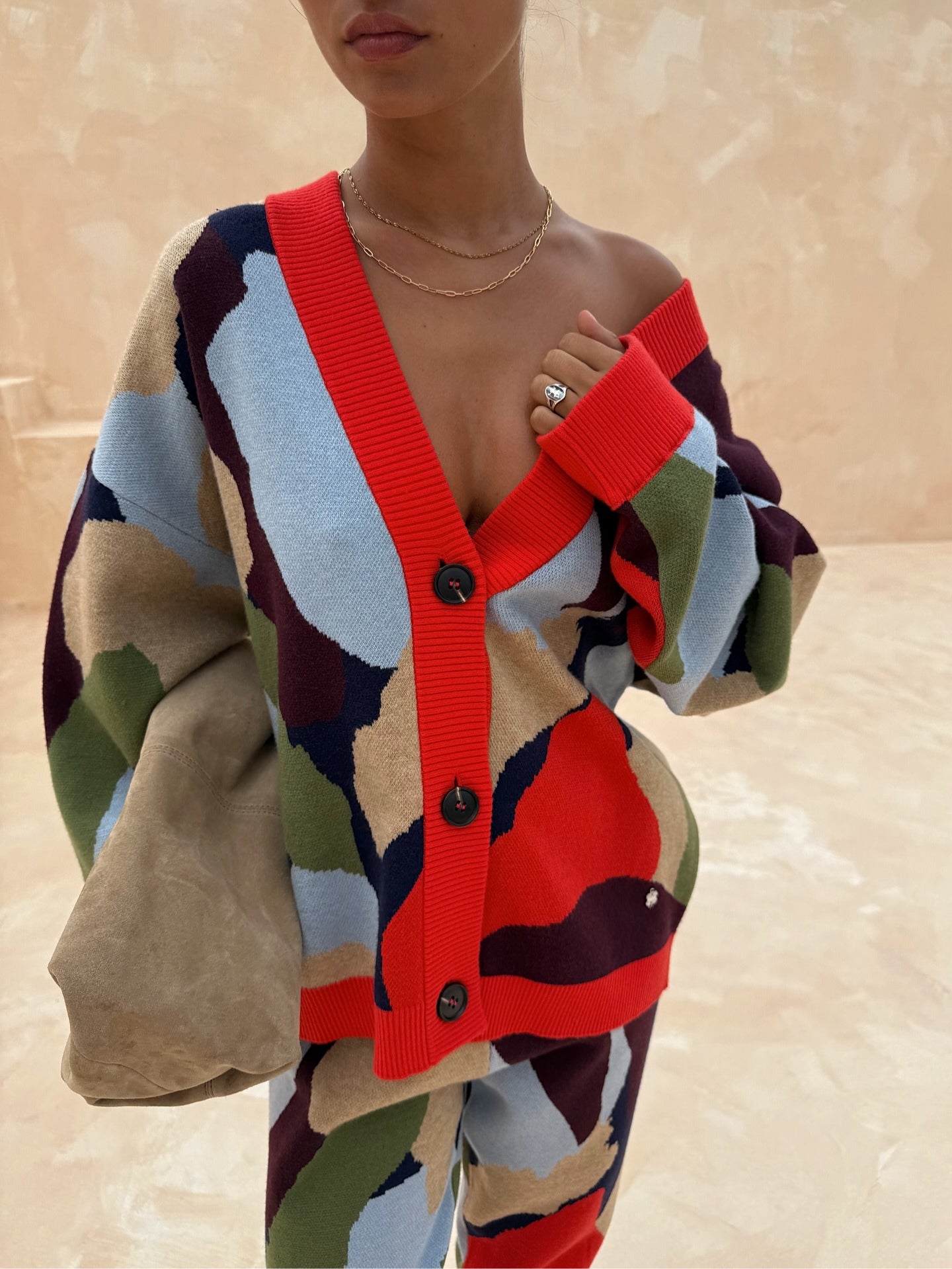 Abstract Geometric Pattern Knitted Jacket + Skirt Set