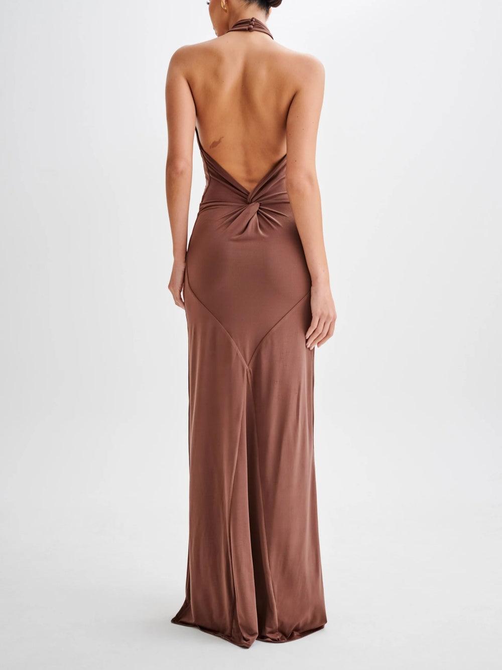 Slinky Halter Maxi Dress - Brown