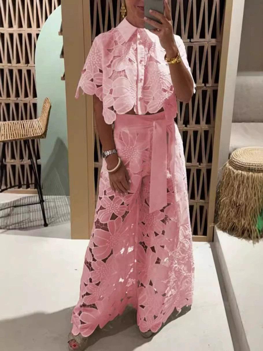 Exquisite floral embroidery sexy hollow suit