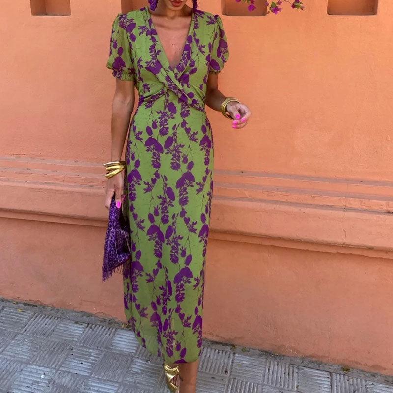 Printed long dress elegant slim v-neck short sleeve dress