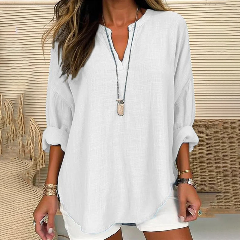 Solid Color V-Neck Long Sleeved Loose Casual Blouse