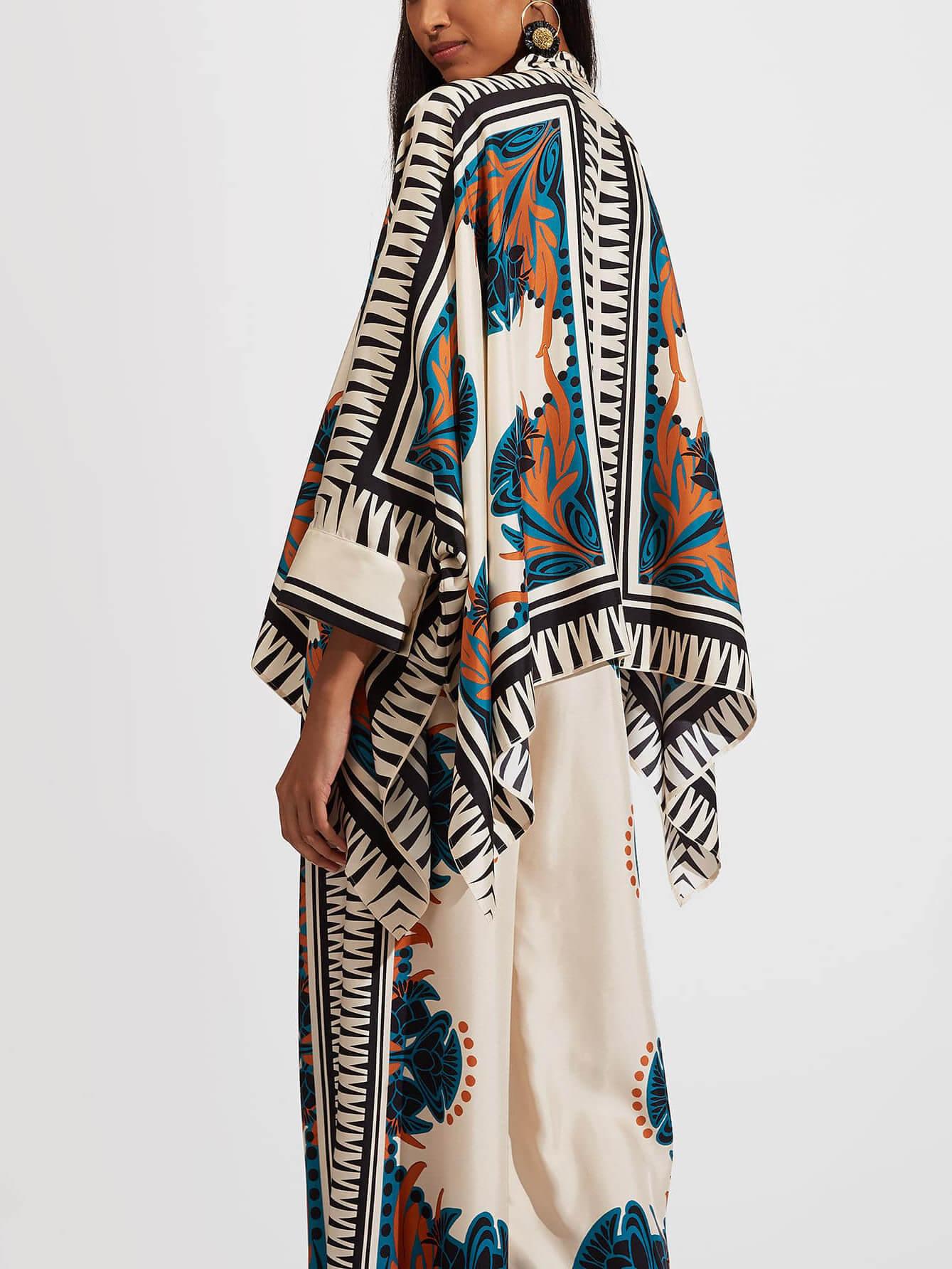 Fine Satin Floral Print Batwing Sleeve Shirt and Pants Set