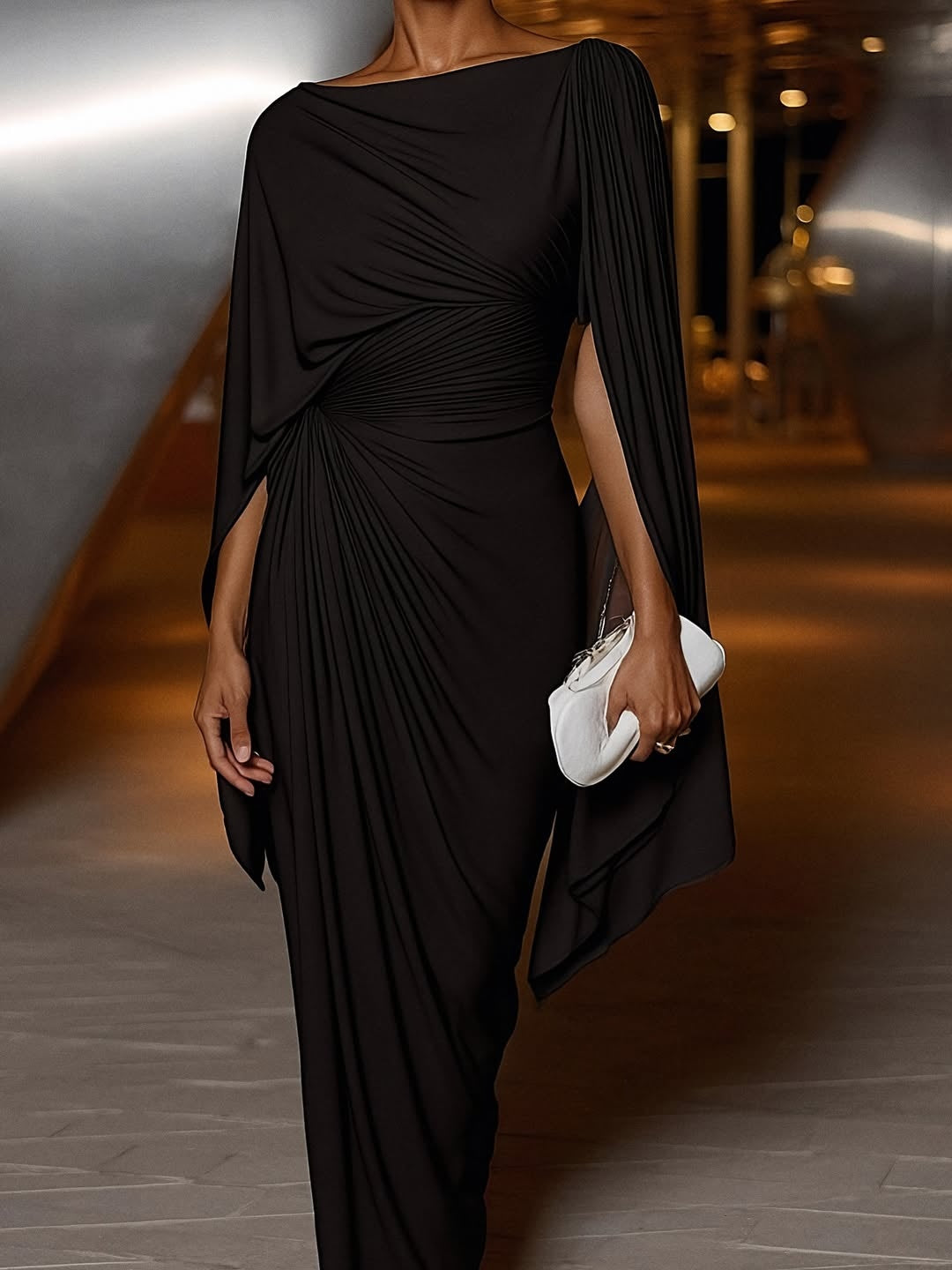 Pleated irregular drape slim-fit maxi dress