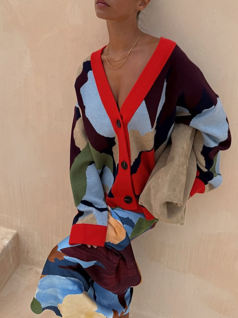 Abstract Geometric Pattern Knitted Jacket + Skirt Set