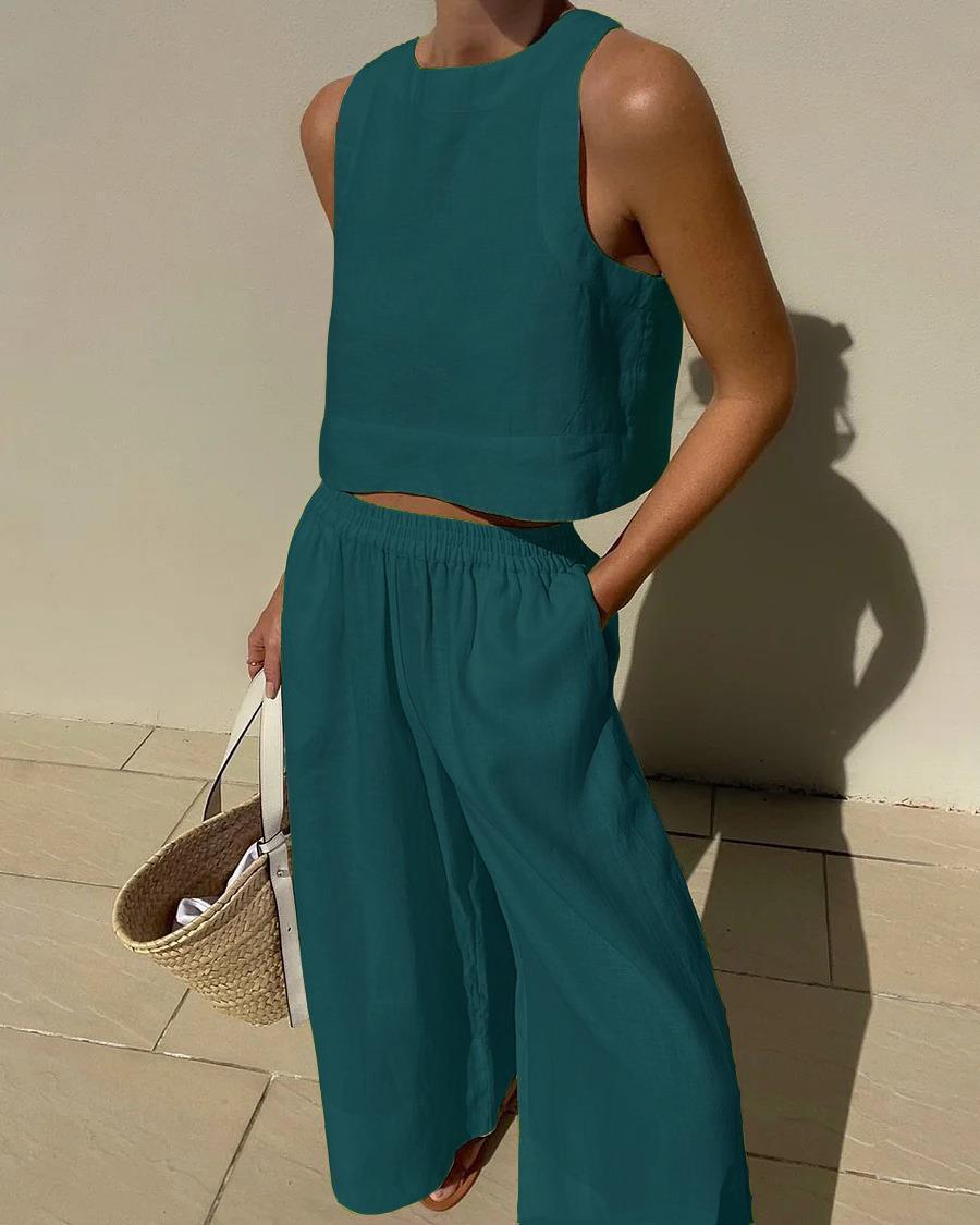 Chic Solid Color Sleeveless 2pieces Set