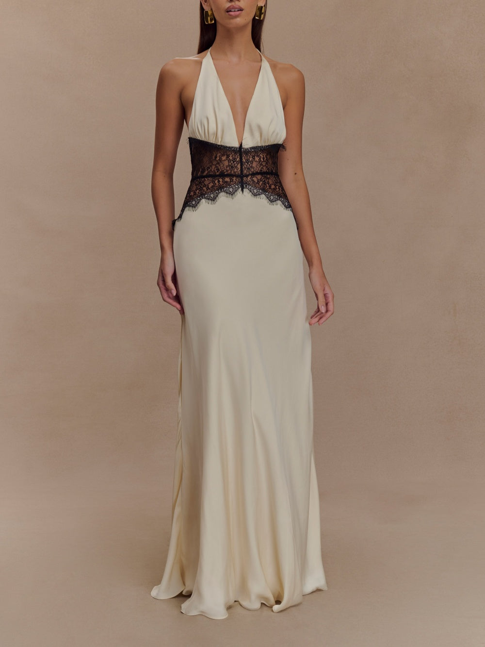Deep V silk satin maxi dress with halterneck