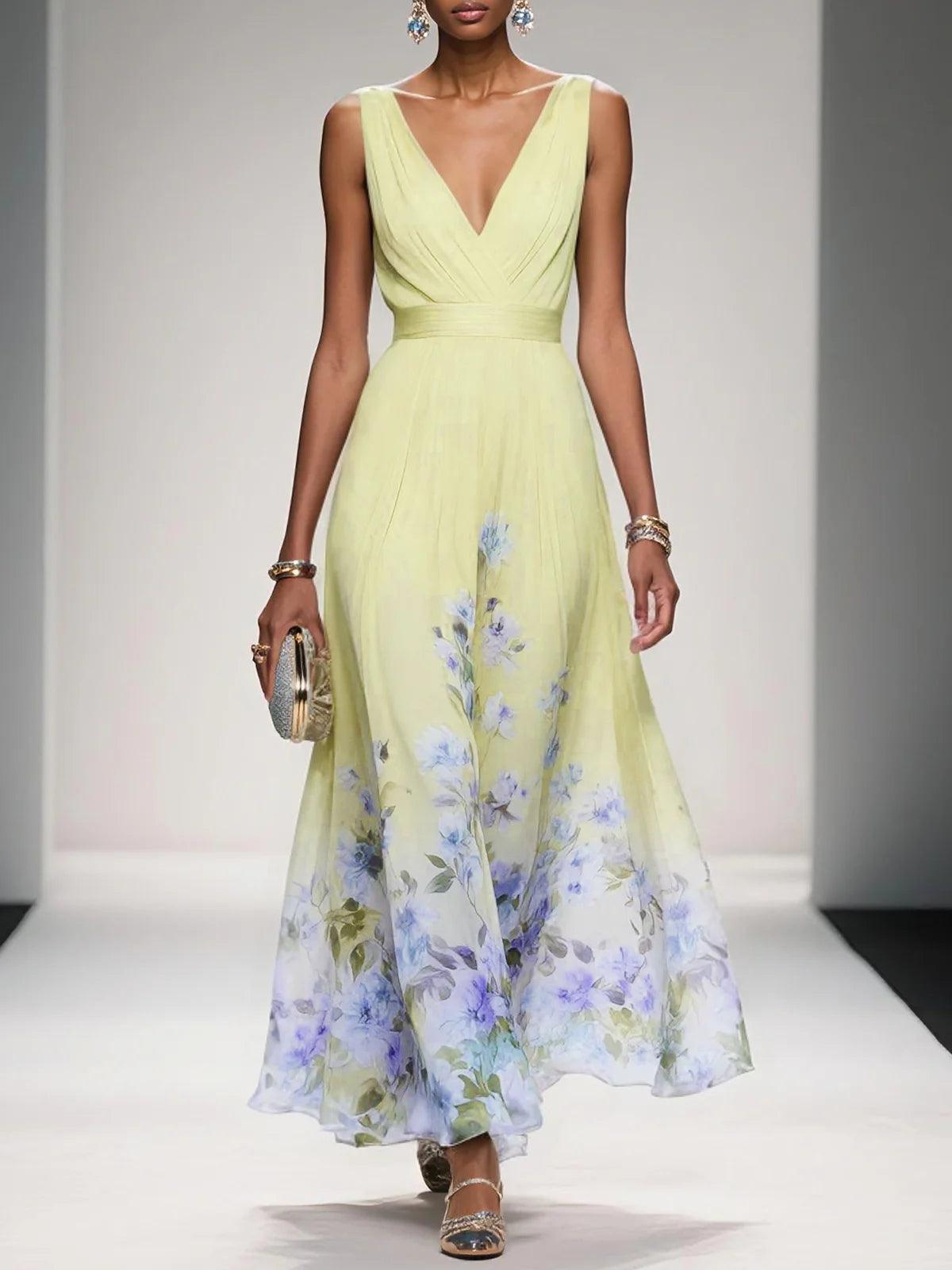 Light Blue Floral Chiffon V Neck Sleeveless A-Line Maxi Dress