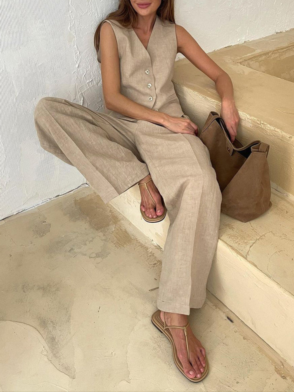 Classic V-neck Pleated Cotton and Linen Wide-leg Pants Suit