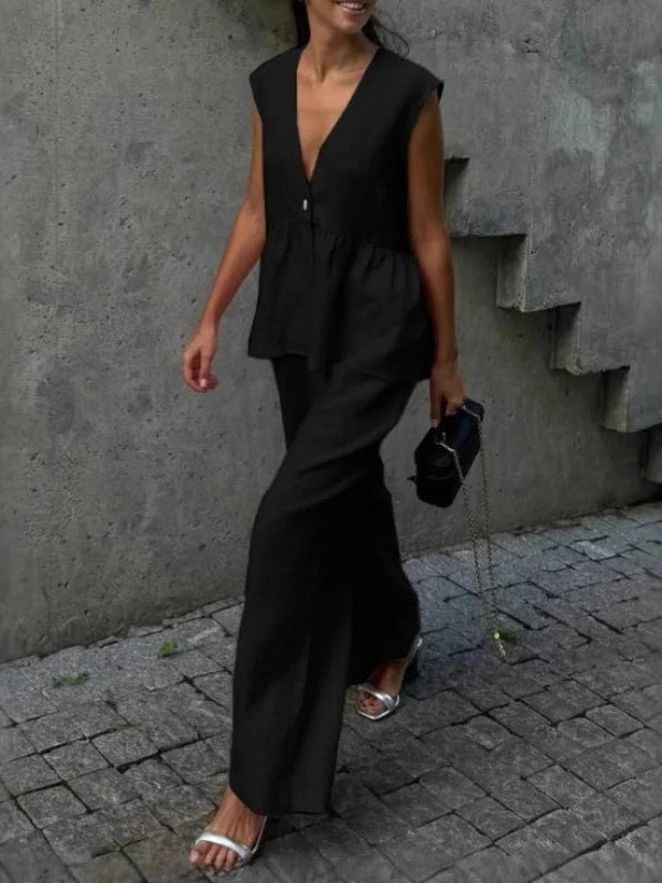 Cotton and linen V-neck ruffled two-piece suit