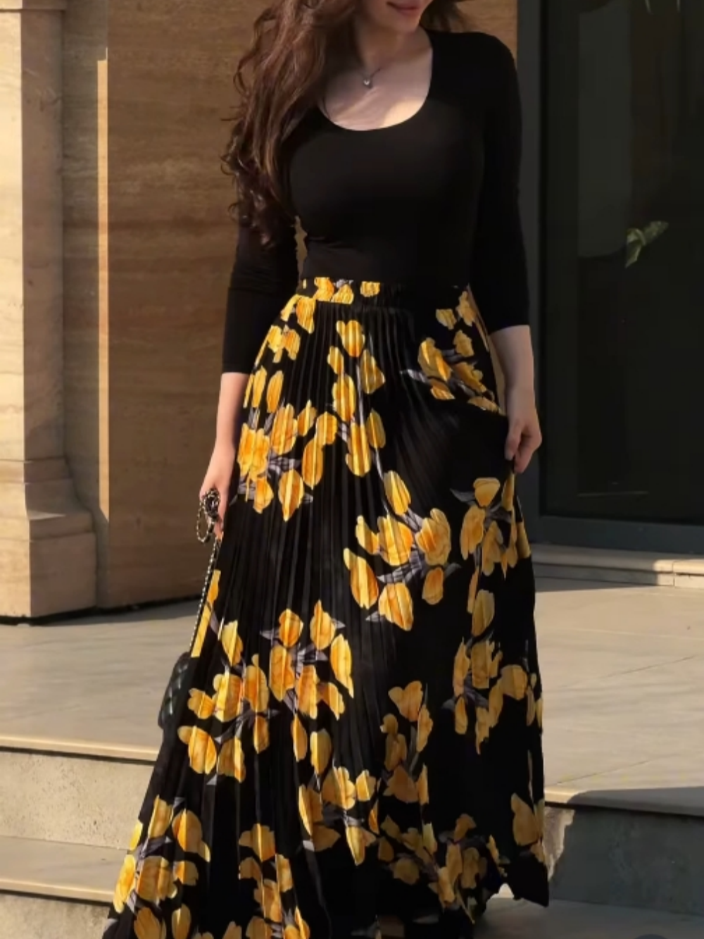 Yellow printed pleated skirt + top set