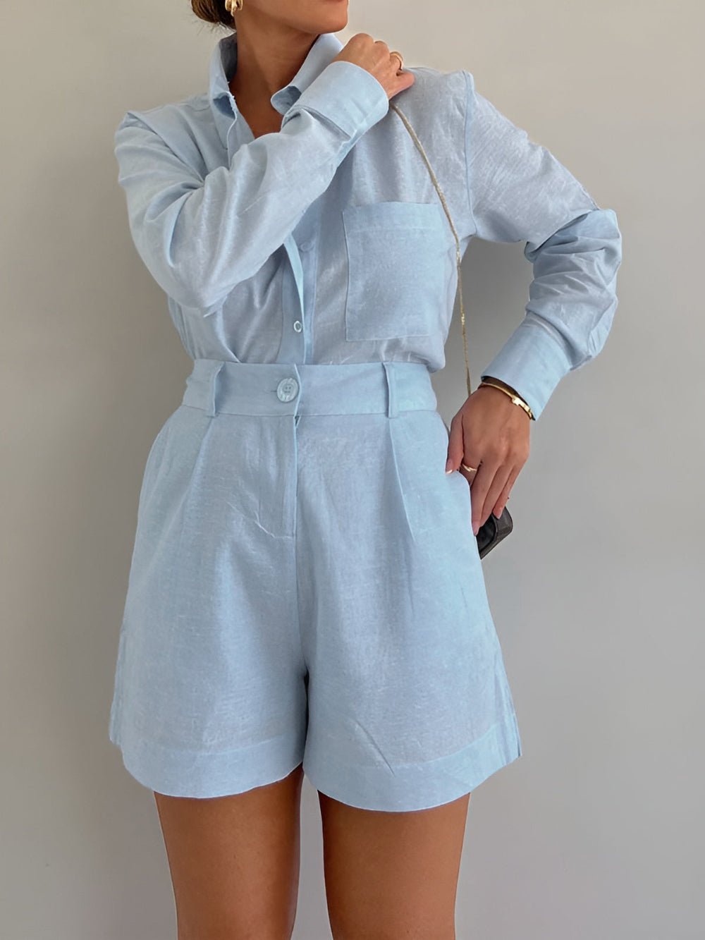 Cotton and Linen Long Sleeve Loose Shorts Set
