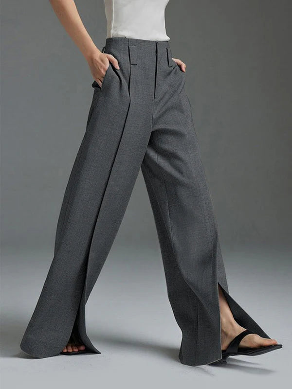 Loose wide-leg high-waisted front slit trousers