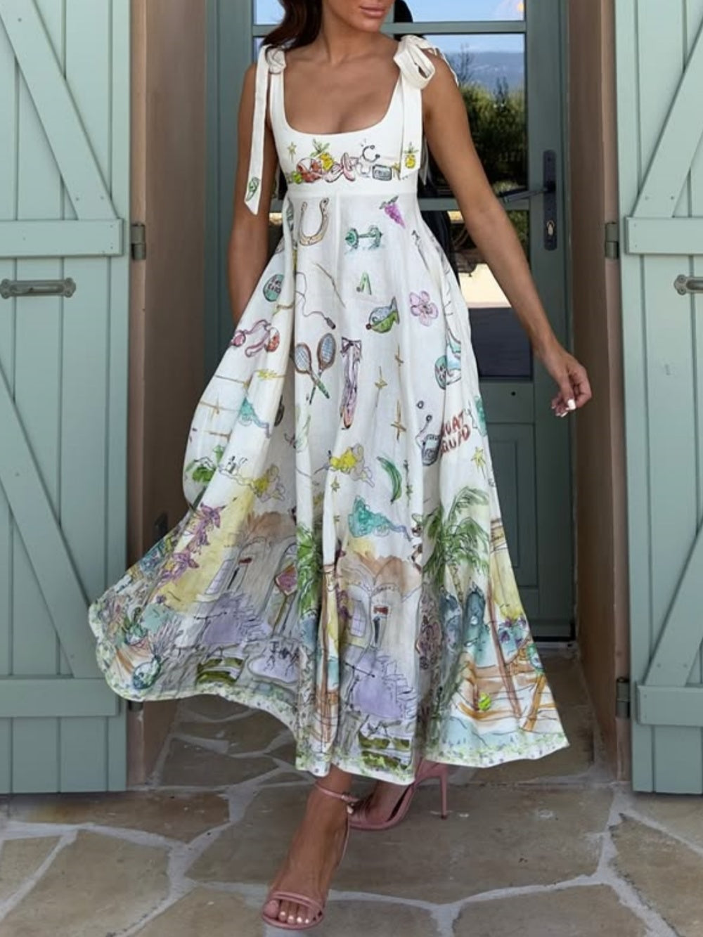 Linen Painted Ballet Tie Midi Dress