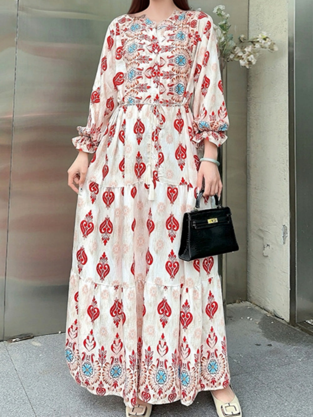 Printed lantern sleeves loose dress