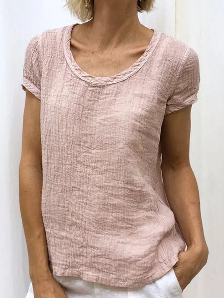 Vintag Reound Neck Cotton and Linen Casual Shirt