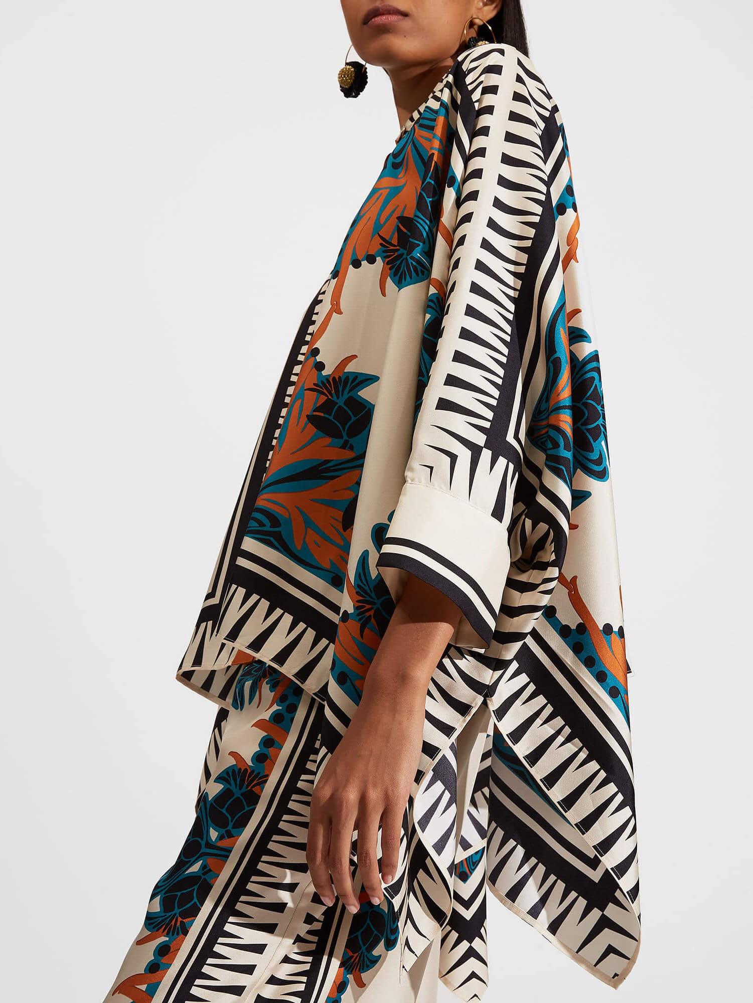Fine Satin Floral Print Batwing Sleeve Shirt and Pants Set