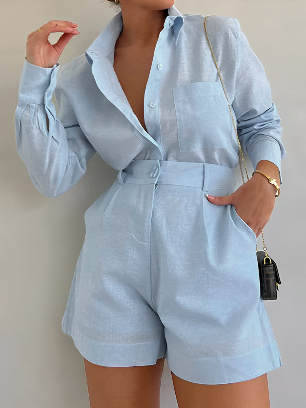 Cotton and Linen Long Sleeve Loose Shorts Set
