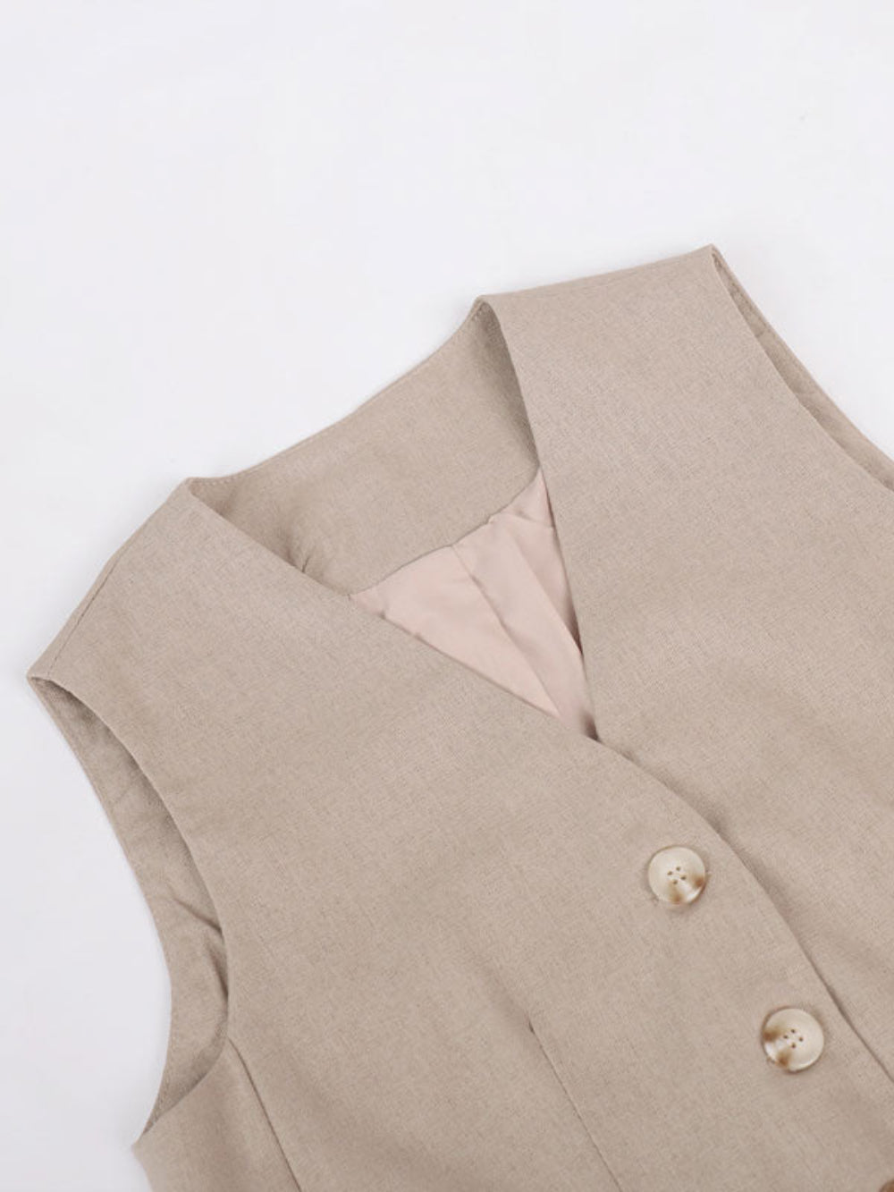 Classic V-neck Pleated Cotton and Linen Wide-leg Pants Suit
