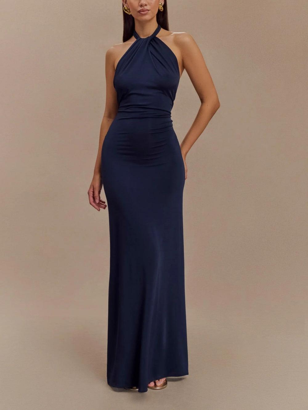 Slinky Halter Maxi Dress - Brown