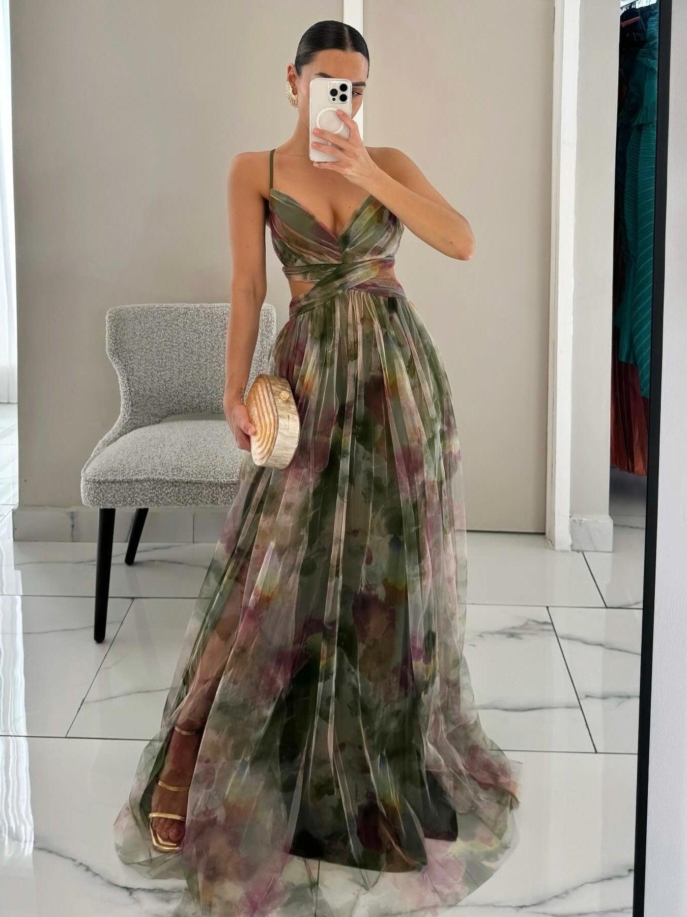 Elegant Painted Floral Print V-Neck A-Line Maxi Dress