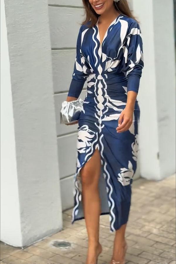 Unique Print Dolman Long Sleeve Ruched Slit Midi Dress