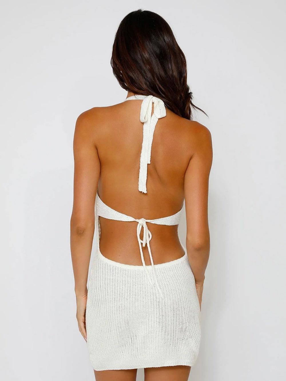 Low-cut V-neck halter neck hollow knit dress