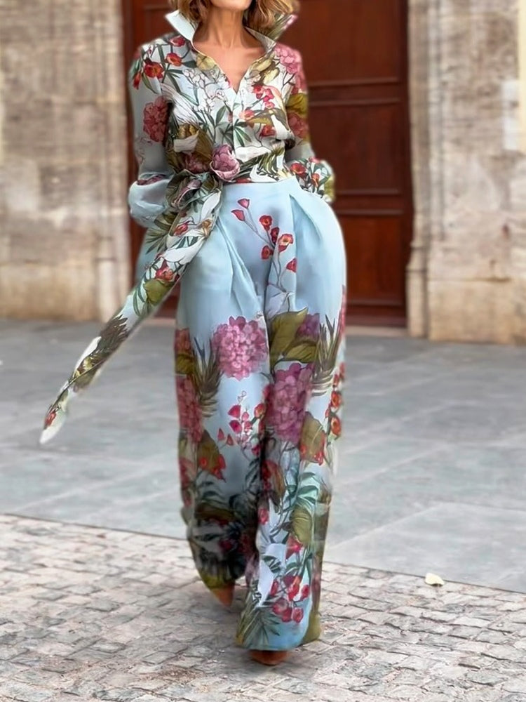 Elegant Floral Print Shirt and Skirt Two-piece Set