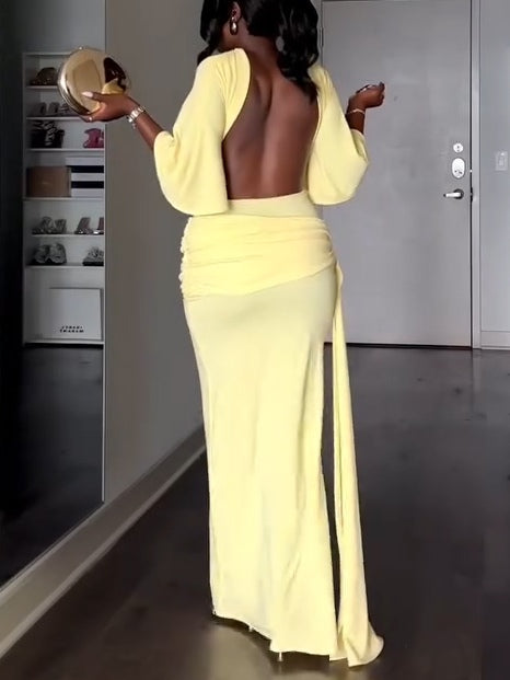 Yellow Cape Backless Maxi Dress