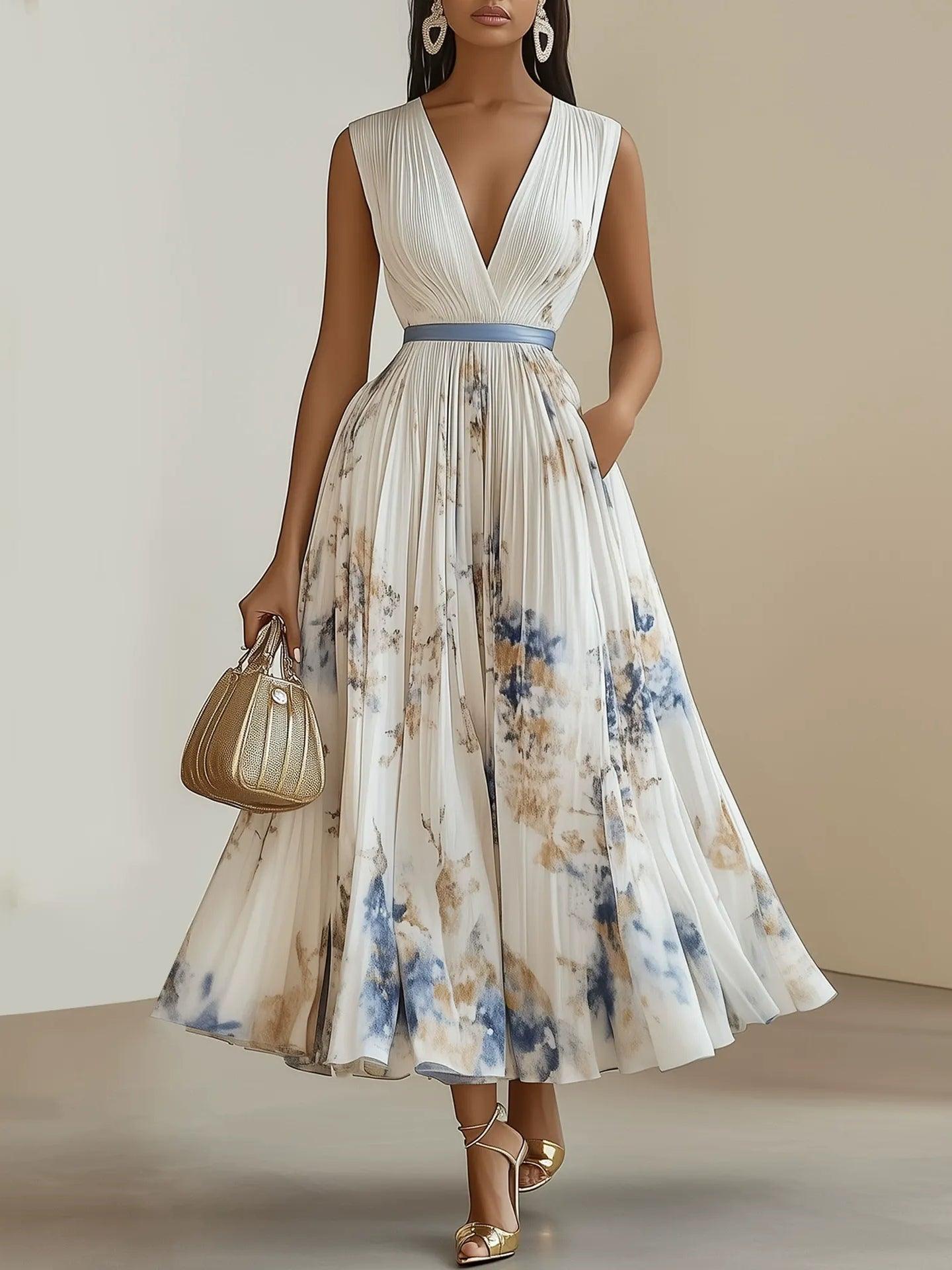 Spring New White Pleated Floral Chiffon V Neck Sleeveless A-Line Midi Dress