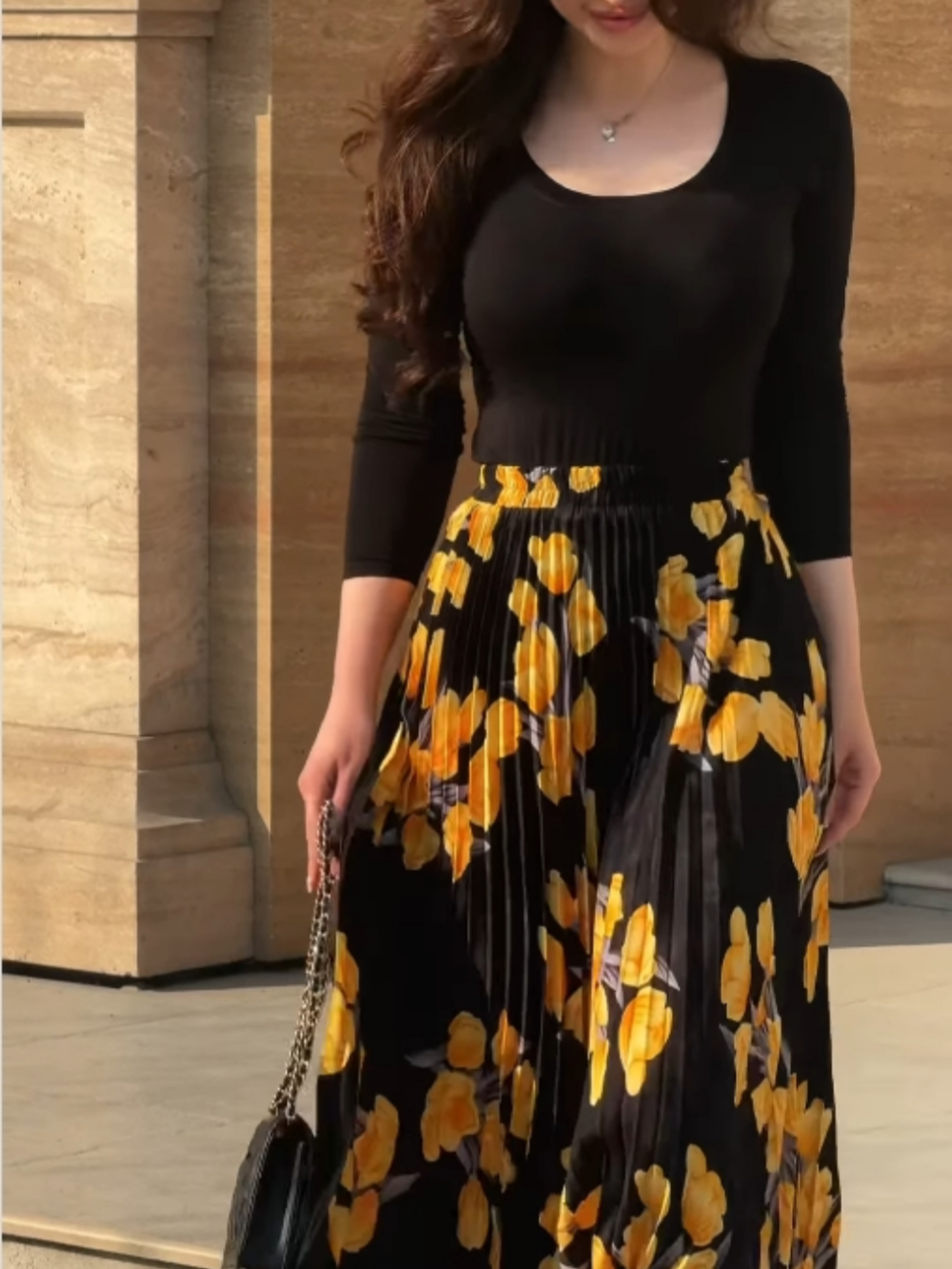 Yellow printed pleated skirt + top set