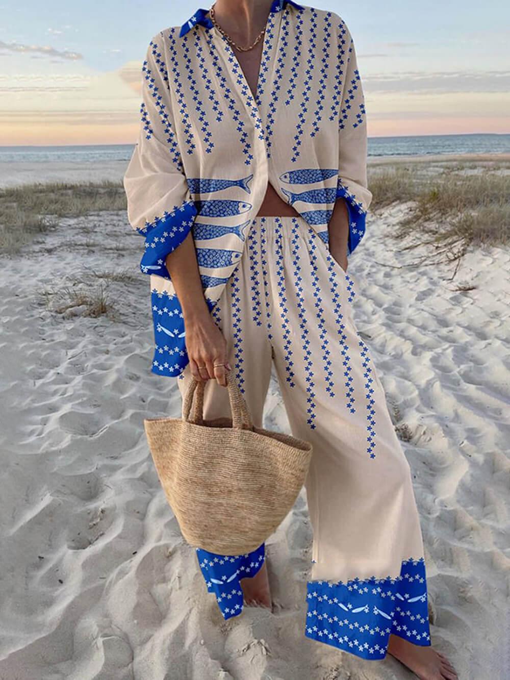 Ocean Print Oversized Shirt and Elastic Waist Pocket Pants Set