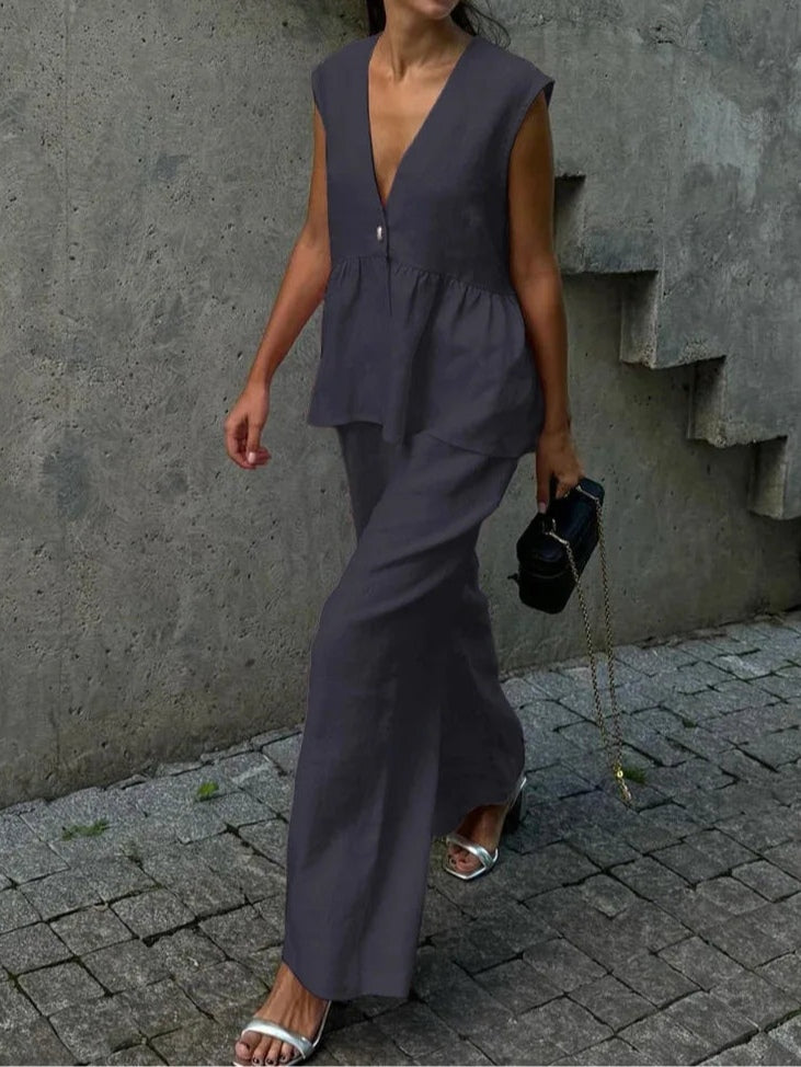 Cotton and linen V-neck ruffled two-piece suit