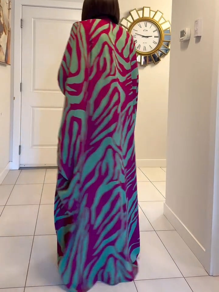 Zebra Print V-Neck Batwing Sleeve Robe Maxi Dress